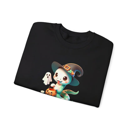 Halloween Witch Snake Crewneck Sweatshirt - Cute whimsical snake dressed up as a friendly witch and is ready for Trick or Treat on Halloween night.