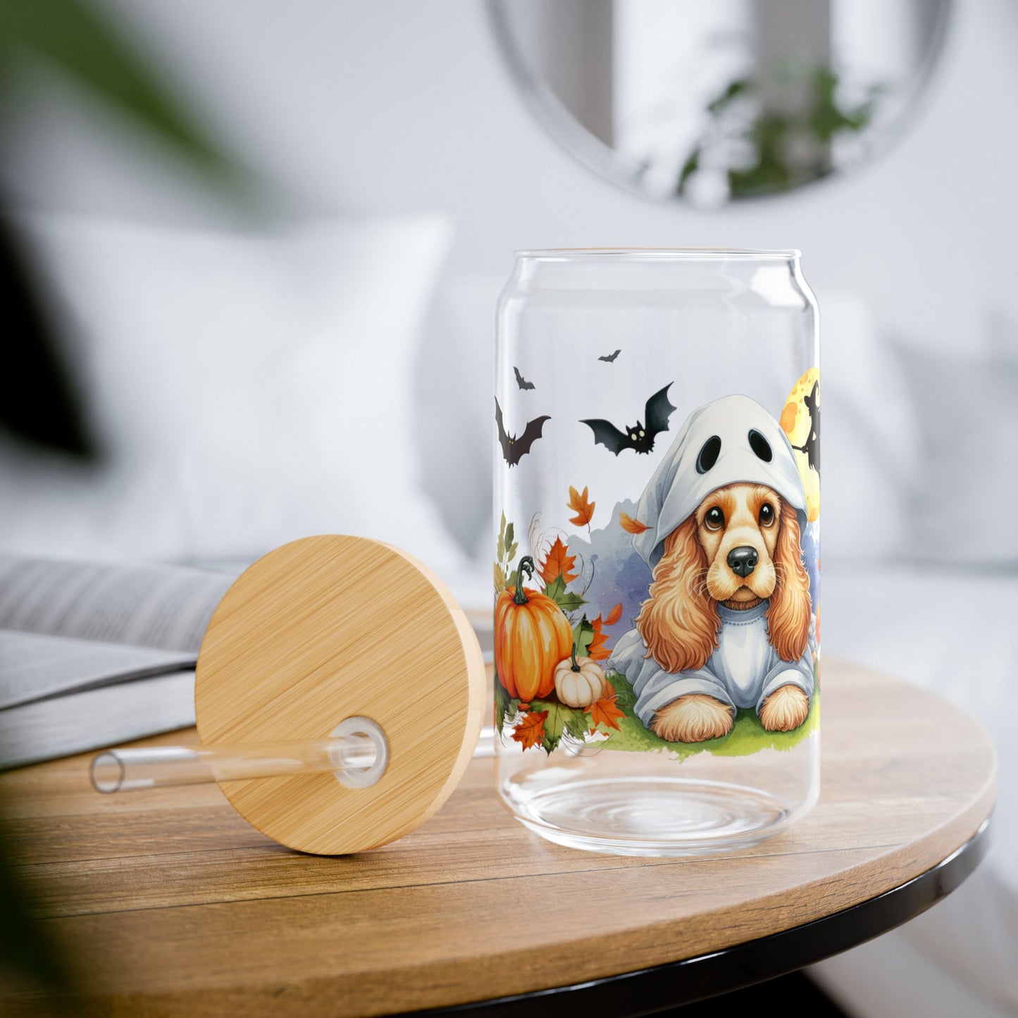 Sipper Glass, 16oz - Cocker Spaniel  Ghost Puppy