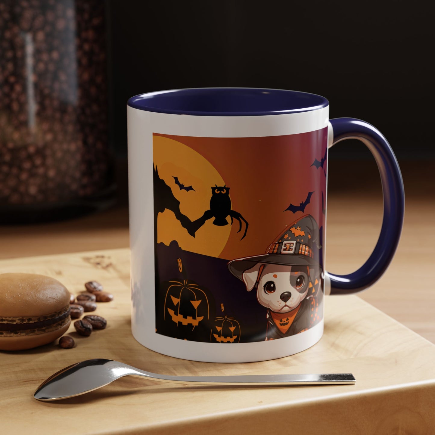 Halloween Accent Coffee Mug (11 oz) - Pit Bull Pup and Pumpkins