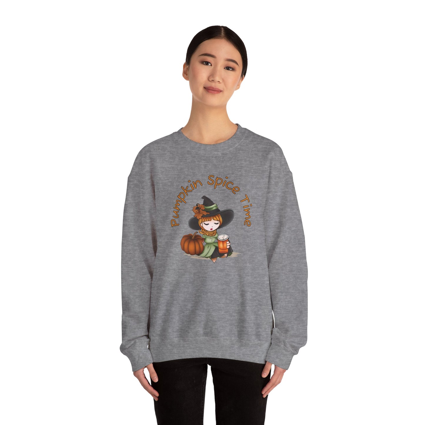 Pumpkin Spice Witch Crewneck Sweatshirt - Adorable witch enjoying her pumpkin spice and the Fall weather this Halloween