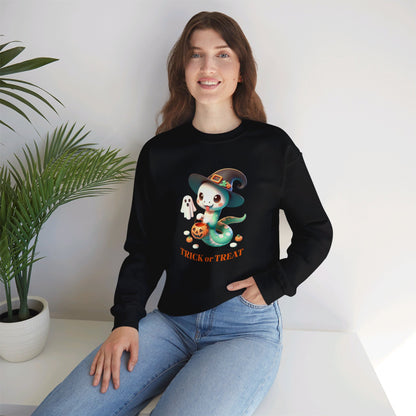 Halloween Witch Snake Crewneck Sweatshirt - Cute whimsical snake dressed up as a friendly witch and is ready for Trick or Treat on Halloween night.