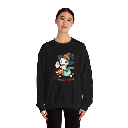 Halloween Witch Snake Crewneck Sweatshirt - Cute whimsical snake dressed up as a friendly witch and is ready for Trick or Treat on Halloween night.