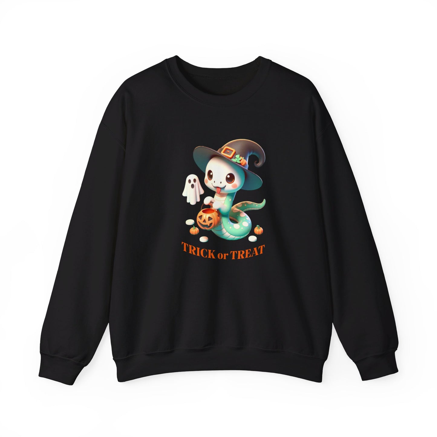 Halloween Witch Snake Crewneck Sweatshirt - Cute whimsical snake dressed up as a friendly witch and is ready for Trick or Treat on Halloween night.