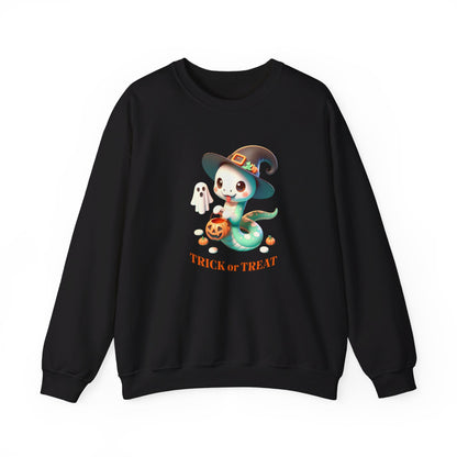 Halloween Witch Snake Crewneck Sweatshirt - Cute whimsical snake dressed up as a friendly witch and is ready for Trick or Treat on Halloween night.