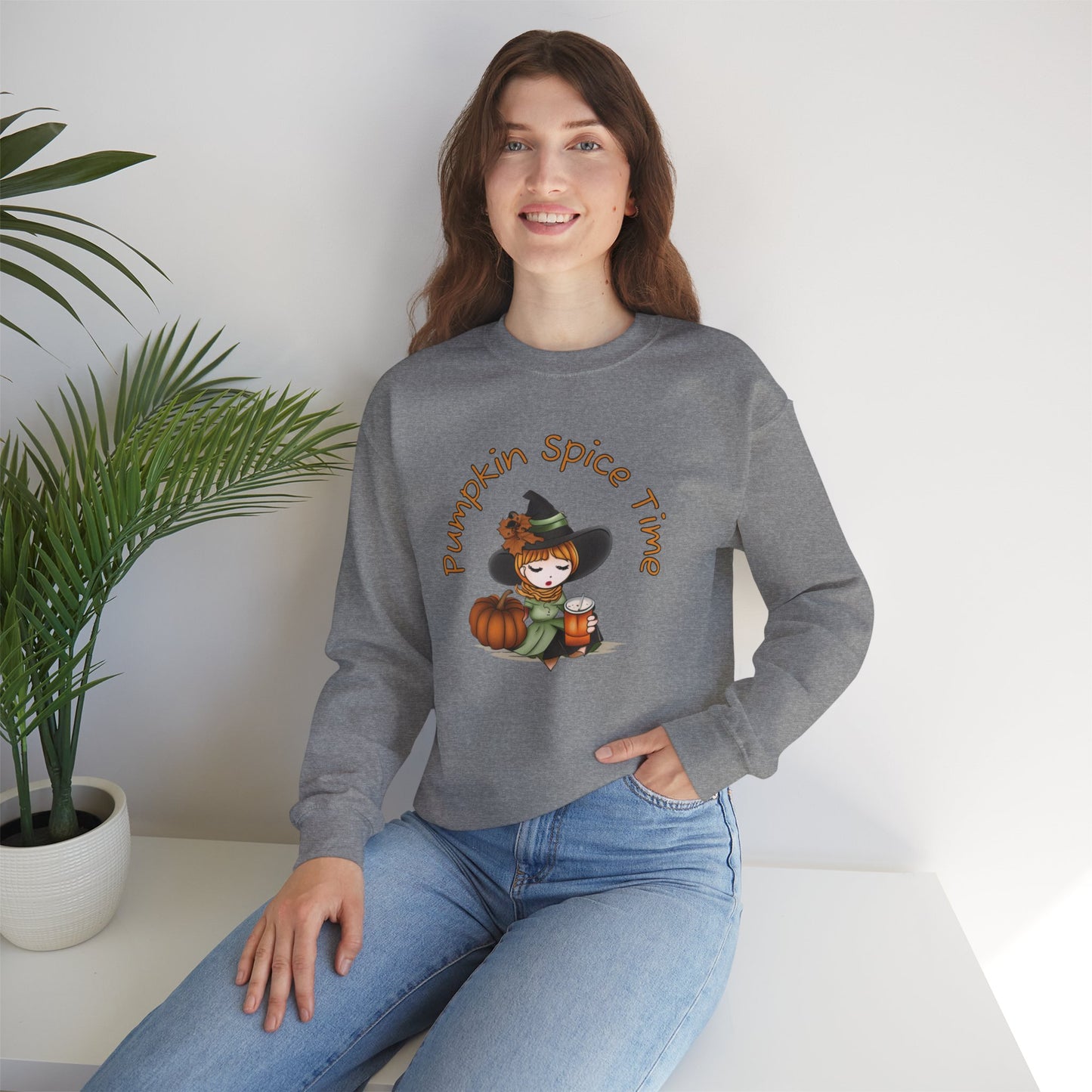 Pumpkin Spice Witch Crewneck Sweatshirt - Adorable witch enjoying her pumpkin spice and the Fall weather this Halloween