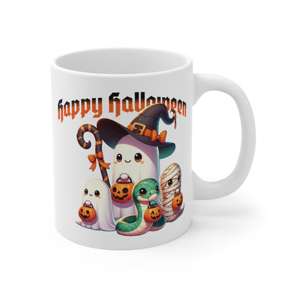 Mug 11oz Halloween Mama Snake. Cute mama snake dressed as a witch taking her hatchlings out on Halloween night for some Trick or Treating fun.