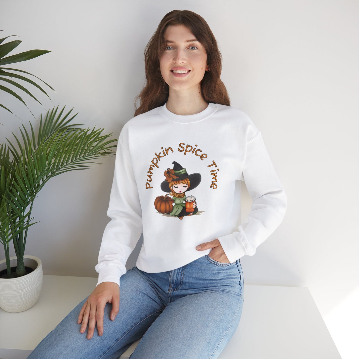 Pumpkin Spice Witch Crewneck Sweatshirt - Adorable witch enjoying her pumpkin spice and the Fall weather this Halloween