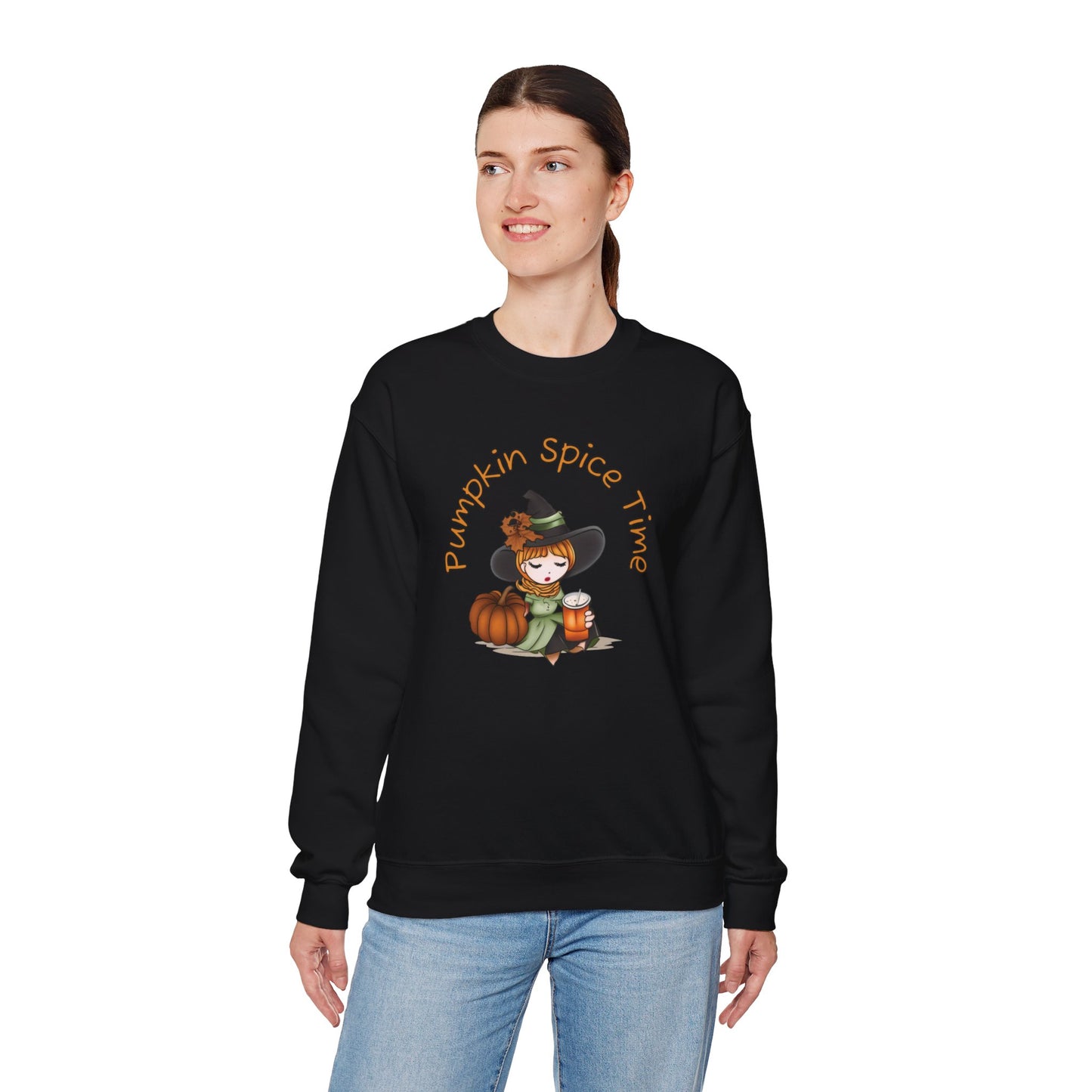 Pumpkin Spice Witch Crewneck Sweatshirt - Adorable witch enjoying her pumpkin spice and the Fall weather this Halloween