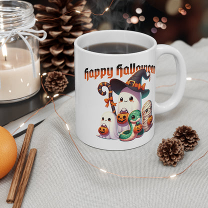 Mug 11oz Halloween Mama Snake. Cute mama snake dressed as a witch taking her hatchlings out on Halloween night for some Trick or Treating fun.