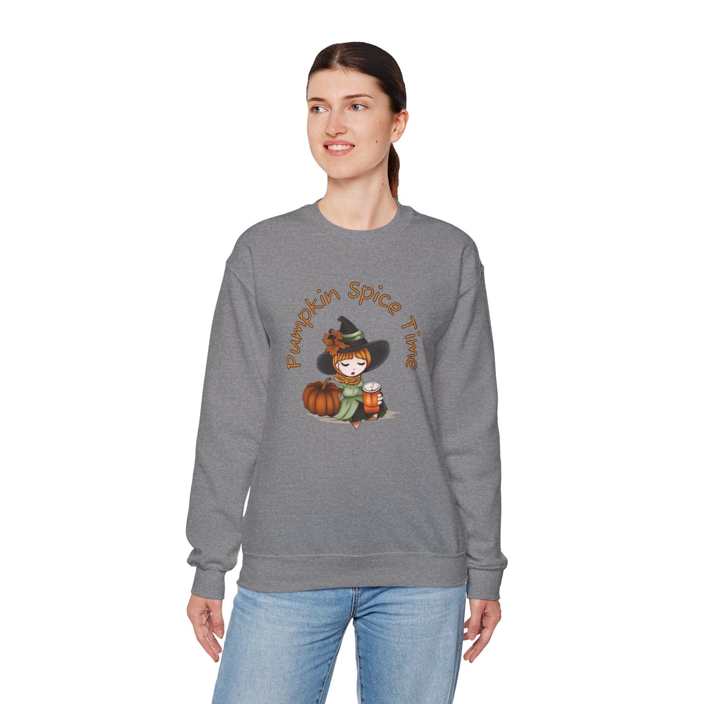 Pumpkin Spice Witch Crewneck Sweatshirt - Adorable witch enjoying her pumpkin spice and the Fall weather this Halloween