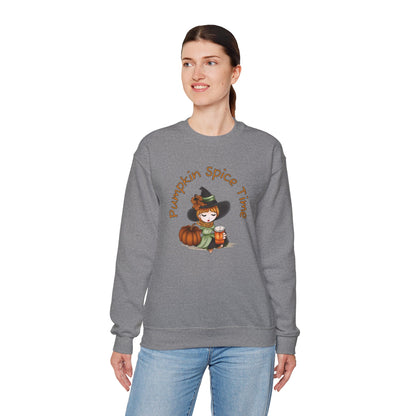 Pumpkin Spice Witch Crewneck Sweatshirt - Adorable witch enjoying her pumpkin spice and the Fall weather this Halloween