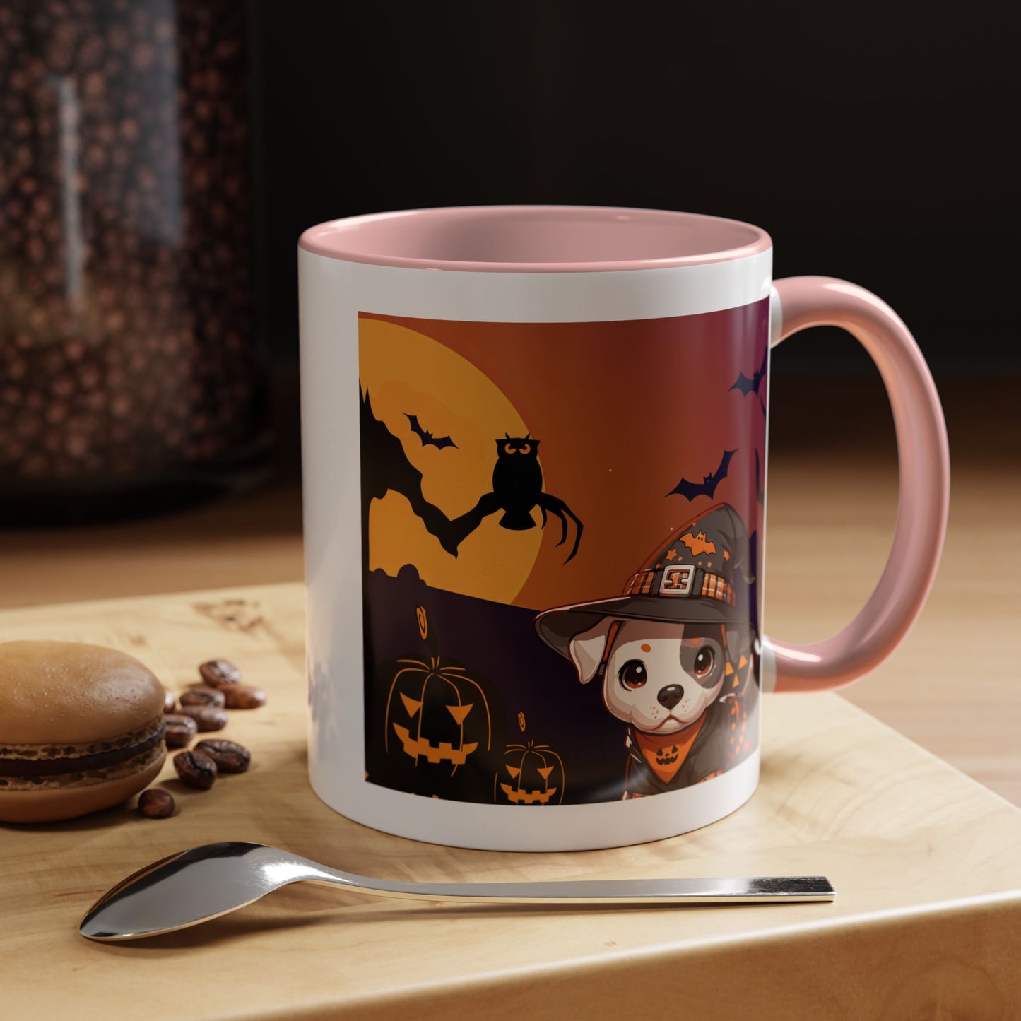 Halloween Accent Coffee Mug (11 oz) - Pit Bull Pup and Pumpkins