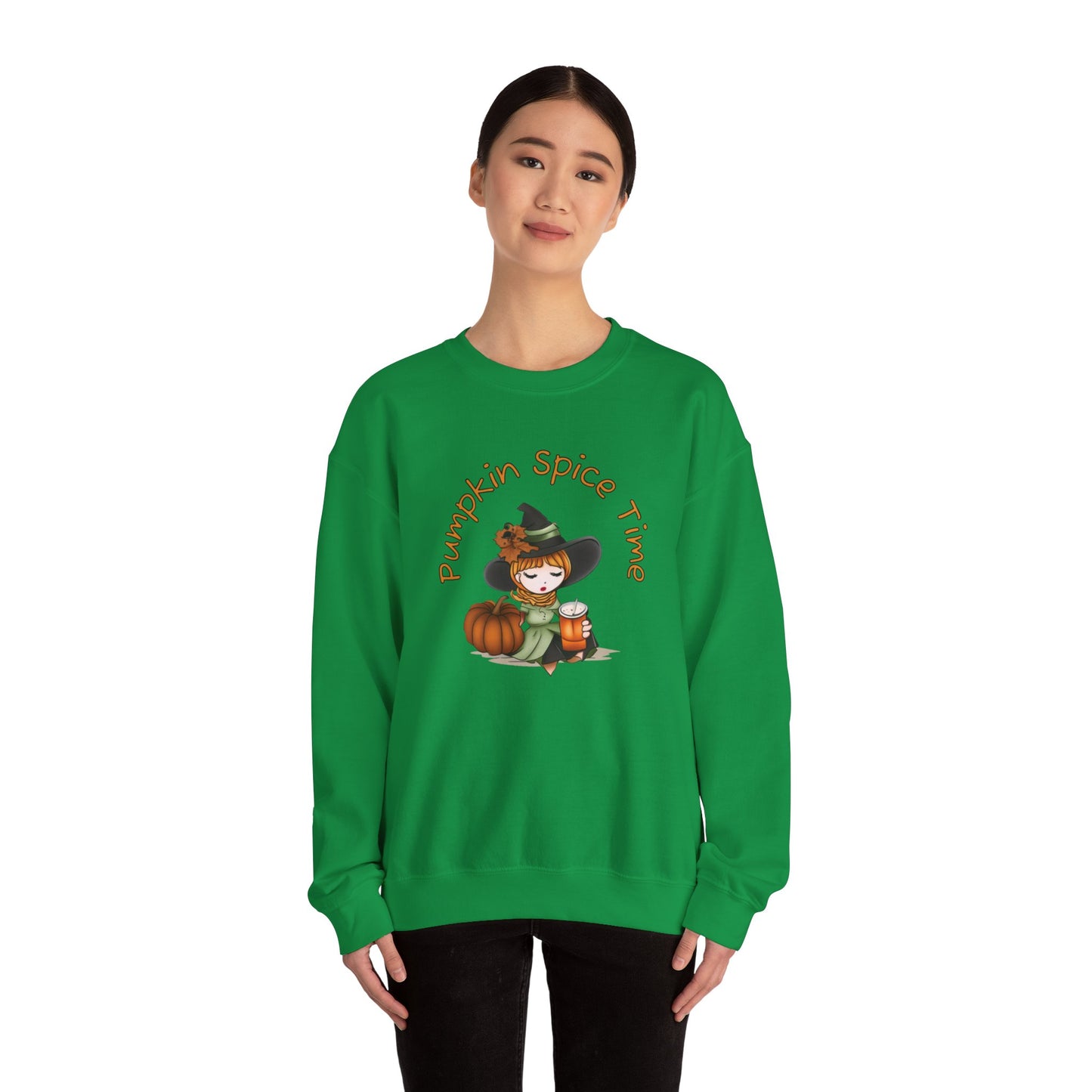 Pumpkin Spice Witch Crewneck Sweatshirt - Adorable witch enjoying her pumpkin spice and the Fall weather this Halloween