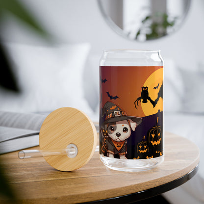 Sipper Glass, 16oz - Pit Bull Pup and Pumpkins