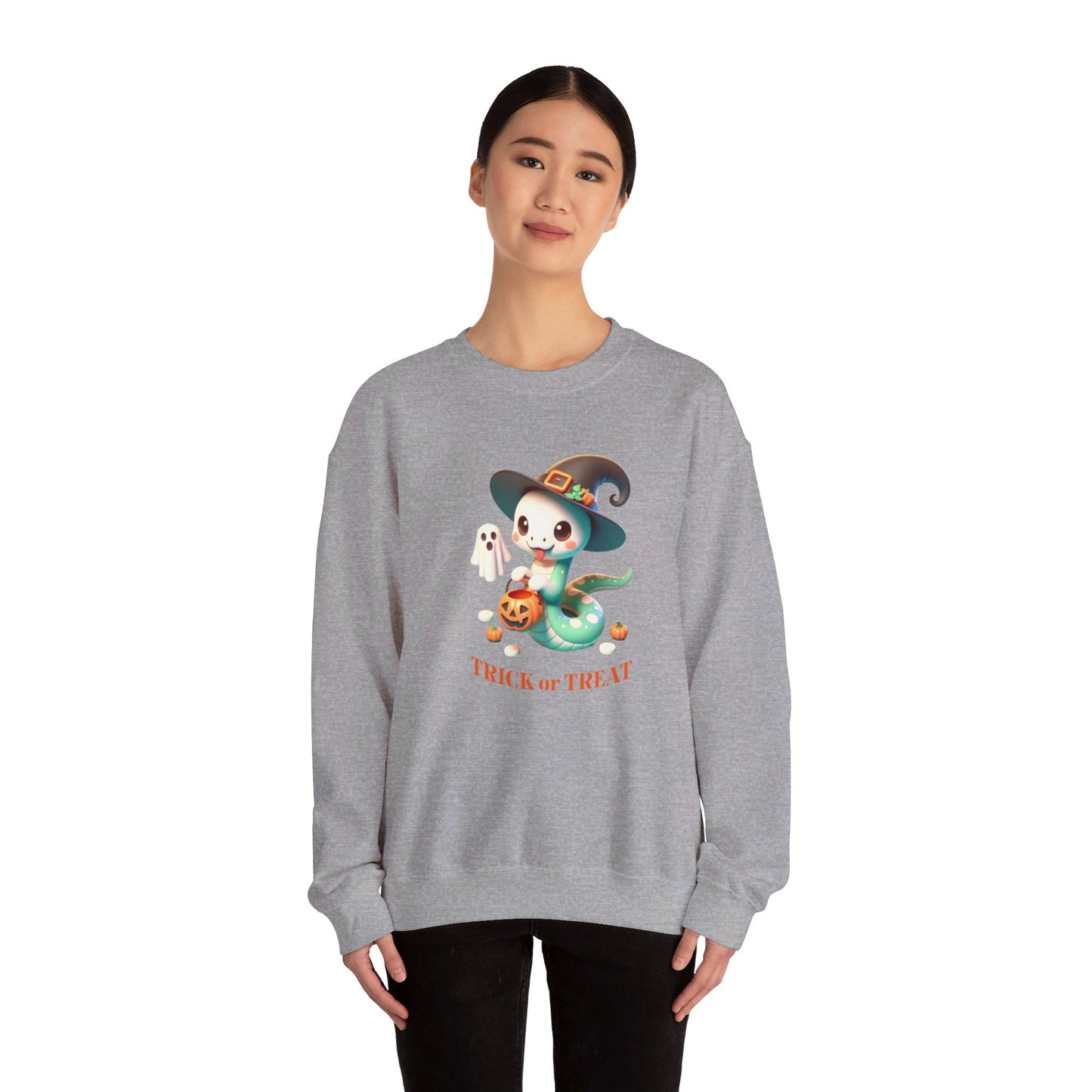 Halloween Witch Snake Crewneck Sweatshirt - Cute whimsical snake dressed up as a friendly witch and is ready for Trick or Treat on Halloween night.