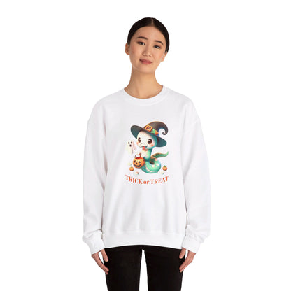 Halloween Witch Snake Crewneck Sweatshirt - Cute whimsical snake dressed up as a friendly witch and is ready for Trick or Treat on Halloween night.