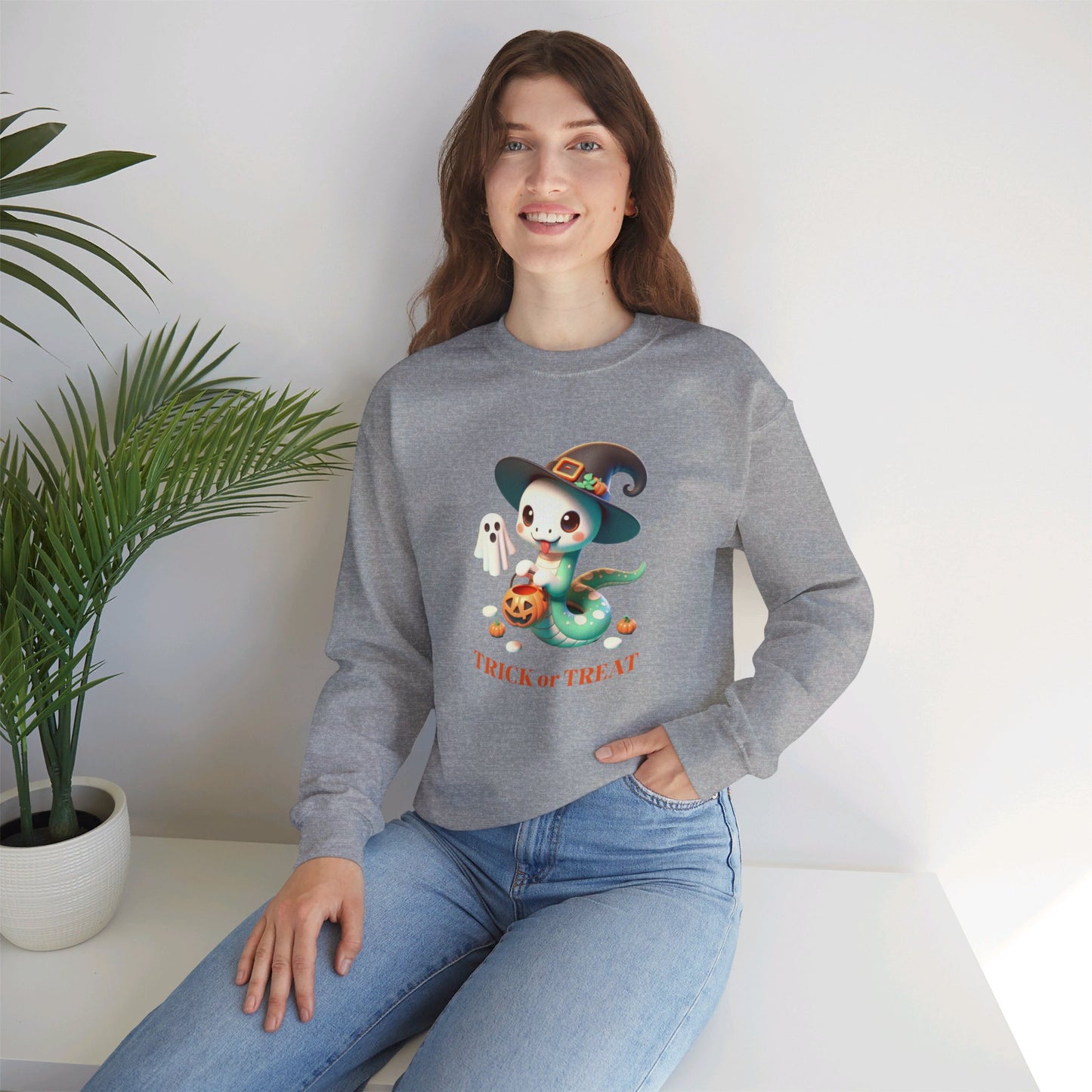 Halloween Witch Snake Crewneck Sweatshirt - Cute whimsical snake dressed up as a friendly witch and is ready for Trick or Treat on Halloween night.