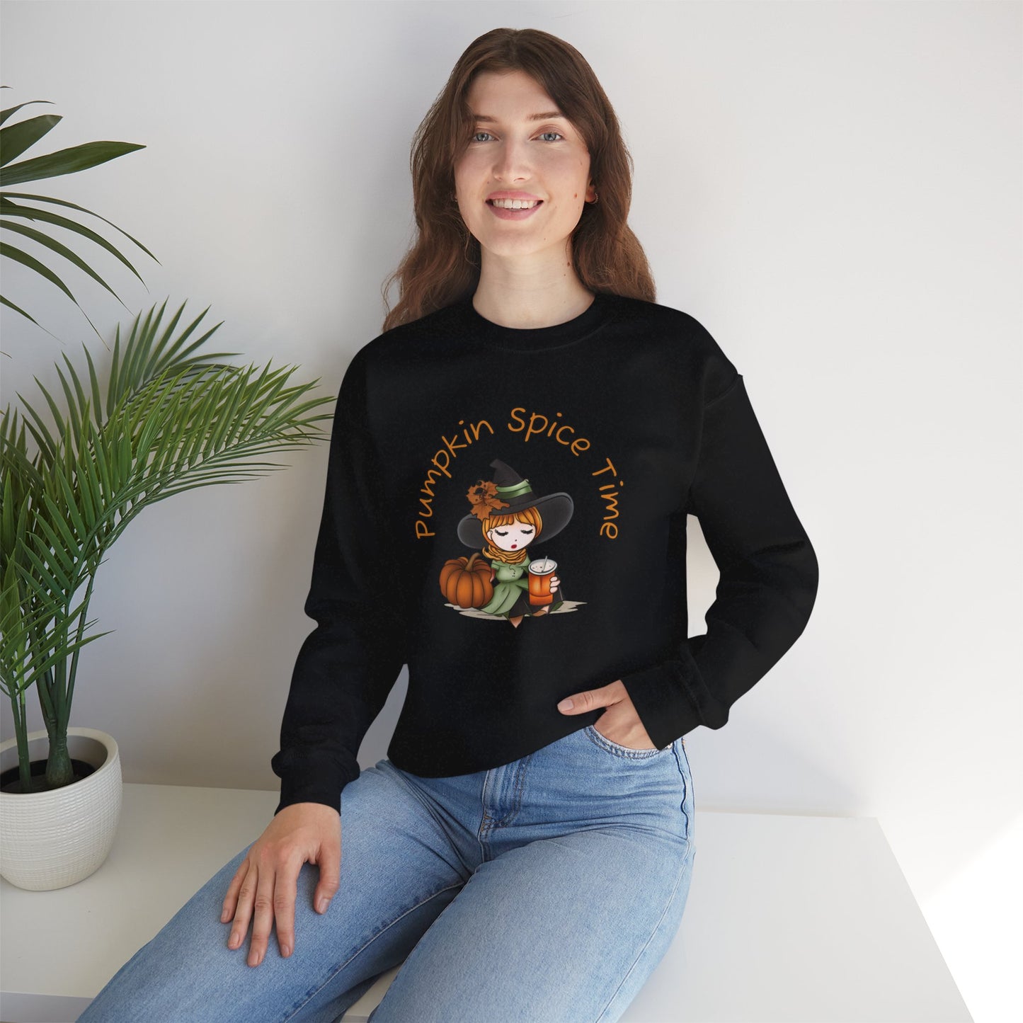 Pumpkin Spice Witch Crewneck Sweatshirt - Adorable witch enjoying her pumpkin spice and the Fall weather this Halloween