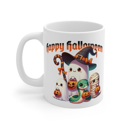 Mug 11oz Halloween Mama Snake. Cute mama snake dressed as a witch taking her hatchlings out on Halloween night for some Trick or Treating fun.