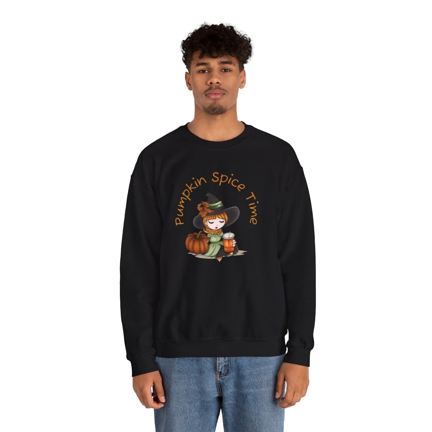 Pumpkin Spice Witch Crewneck Sweatshirt - Adorable witch enjoying her pumpkin spice and the Fall weather this Halloween