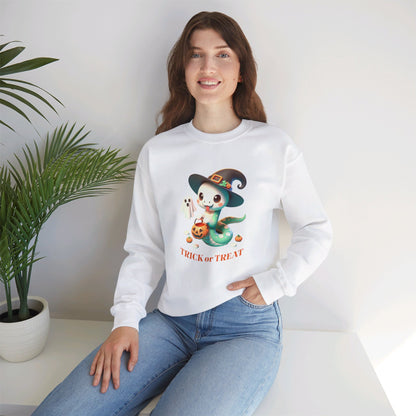 Halloween Witch Snake Crewneck Sweatshirt - Cute whimsical snake dressed up as a friendly witch and is ready for Trick or Treat on Halloween night.