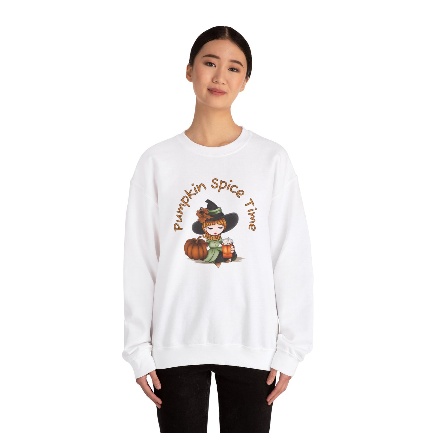 Pumpkin Spice Witch Crewneck Sweatshirt - Adorable witch enjoying her pumpkin spice and the Fall weather this Halloween