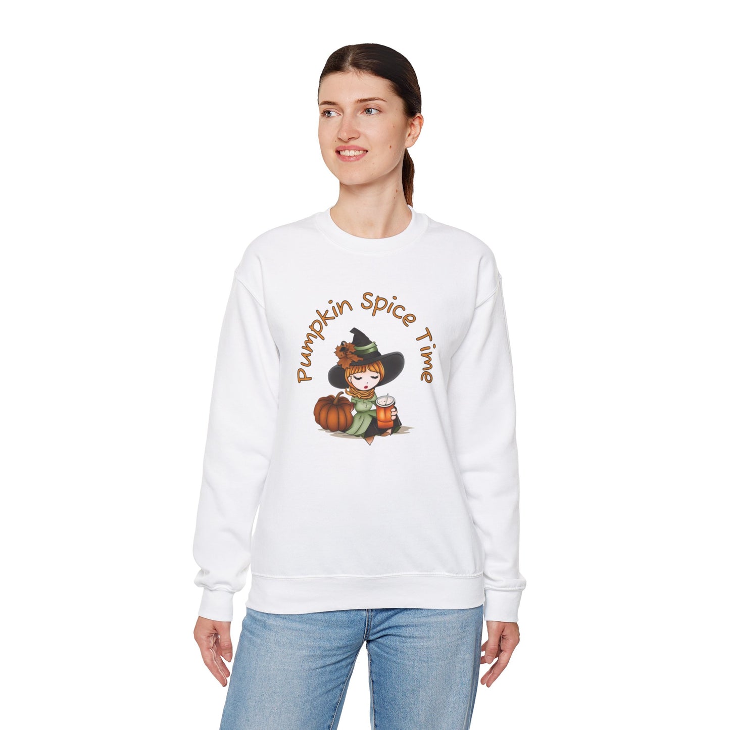 Pumpkin Spice Witch Crewneck Sweatshirt - Adorable witch enjoying her pumpkin spice and the Fall weather this Halloween