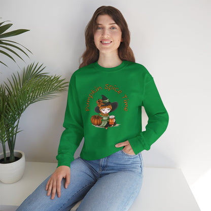 Pumpkin Spice Witch Crewneck Sweatshirt - Adorable witch enjoying her pumpkin spice and the Fall weather this Halloween