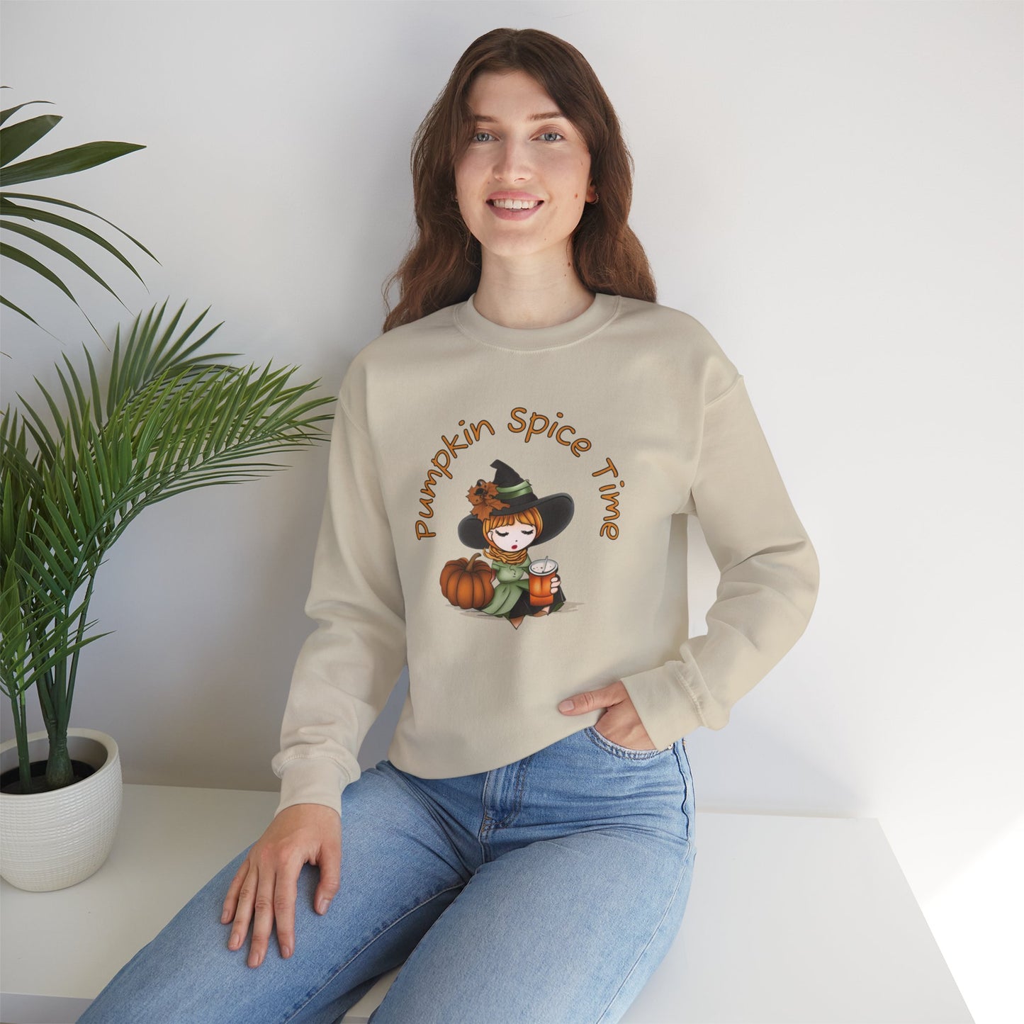 Pumpkin Spice Witch Crewneck Sweatshirt - Adorable witch enjoying her pumpkin spice and the Fall weather this Halloween