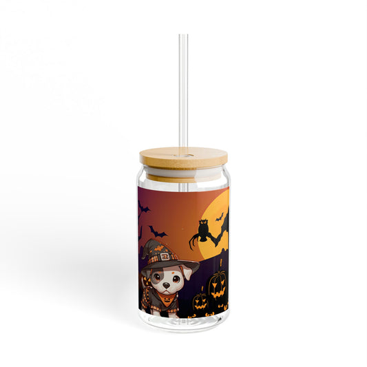 Sipper Glass, 16oz - Pit Bull Pup and Pumpkins